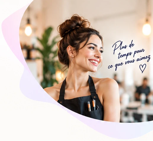 Coiffeuse souriante en tablier dans son salon — « Plus de temps pour ce que vous aimez »